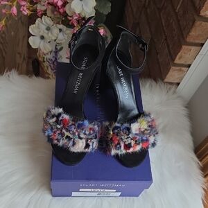 Stuart Weitzman Women's Black Suede Mink Fur Heels